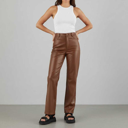 High Waist Black Leather Wide Leg Trousers | Women's Trousers